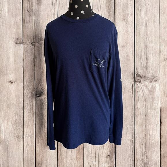 Vineyard Vines Mens T-Shirt XS Long Sleeve Heathered Vintage Whale Pocket Navy - Picture 2 of 8